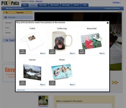 PiX'n'PaLs PhotoProducts feature allowed any website owner to sell photo products from an image. It opened a box from which the user could select which product the image was to be printed on.